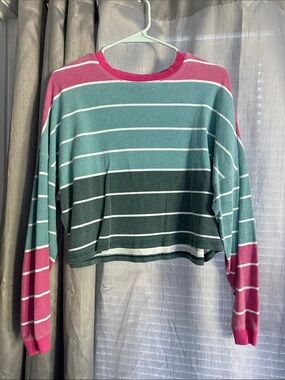 Urban Outfitters Teal and Pink Striped Cropped Long-Sleeve Top